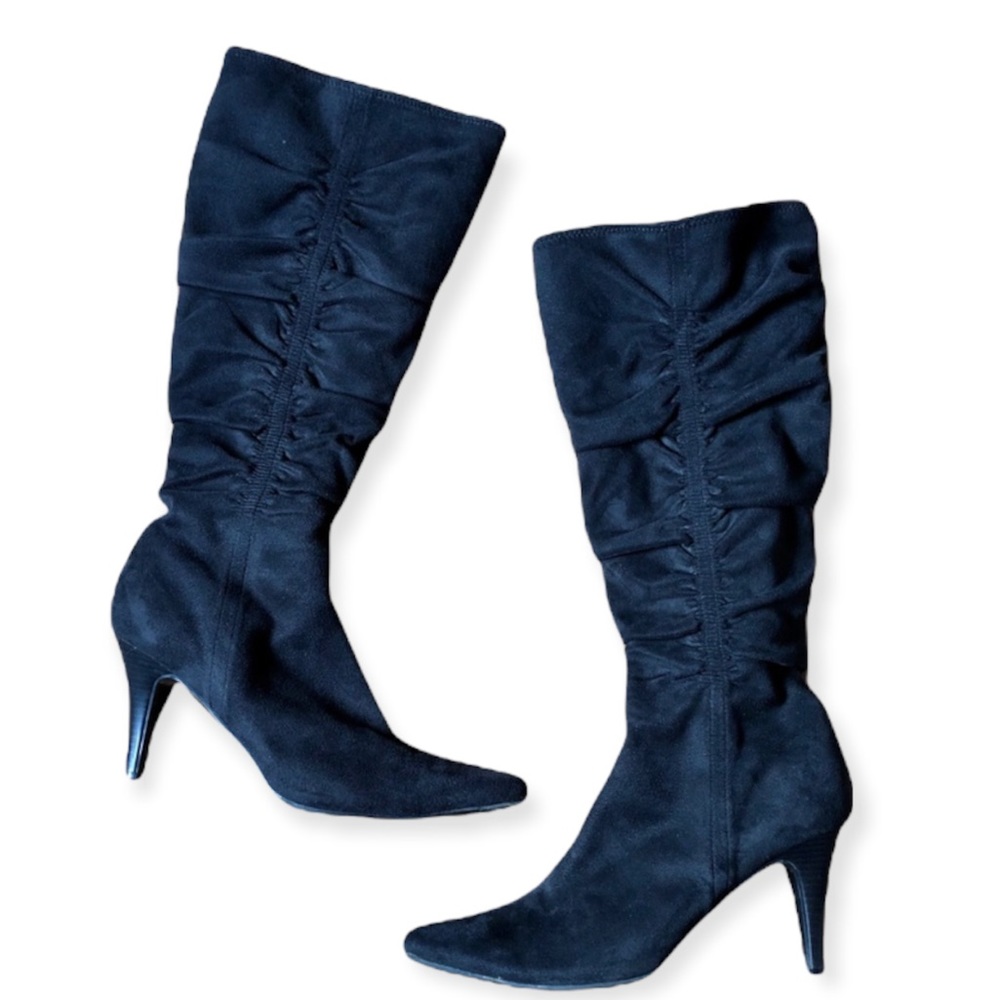 APOSTROPHE Boots Boulevard Tall Black Ruched Fabric Heeled Zipper Womens Size 8